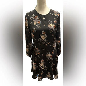 LOFT Womens Dress 4P Petite Black Floral Mini Long Sleeve Zipper Back Business
